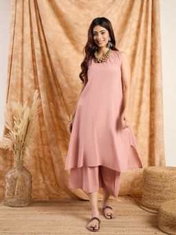 InWeave - Women Pink Cotton Solid Kurta with Palazzo