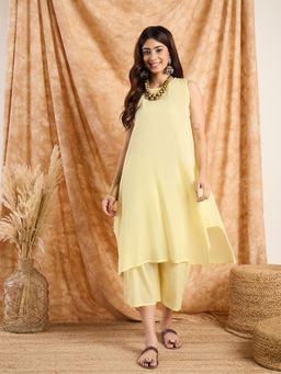 InWeave - Women Yellow Cotton Solid Kurta with Palazzo