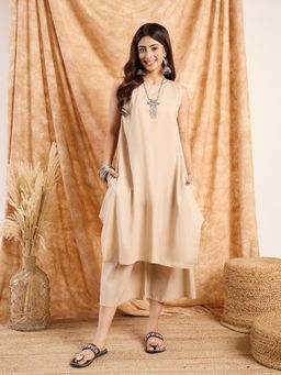 InWeave - Women Beige Cotton Solid Kurta with Palazzo
