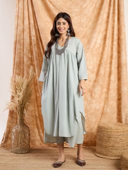 InWeave - Women Blue Cotton Solid Kurta with Palazzo