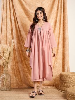 InWeave - Women Pink Cotton Solid Kurta with Palazzo