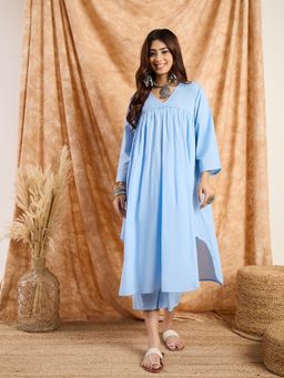InWeave - Women Blue Cotton Solid Kurta with Palazzo