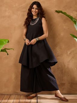 InWeave - Women Black Art Silk Solid Kurta with Palazzo