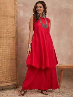 InWeave - Women Red Art Silk Solid Kurta with Palazzo