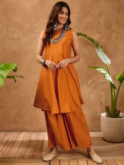 InWeave - Women Orange Art Silk Solid Kurta with Palazzo