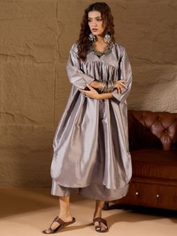 InWeave - Women Grey Silk Blend Solid Kurta with Palazzo