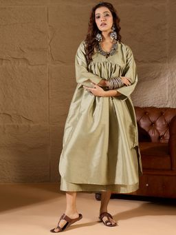 InWeave - Women Olive Silk Blend Solid Kurta with Palazzo