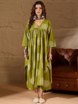 InWeave - Women Olive Rayon Geometric Kurta with Palazzo