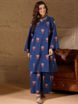 InWeave - Women Blue Cotton Printed Kurta with Palazzo