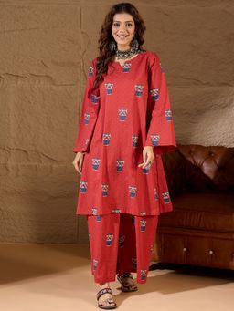 InWeave - Women Rust Cotton Printed Kurta with Palazzo