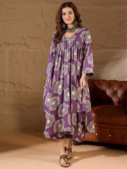 InWeave - Women Purple Rayon Abstract Kurta with Palazzo