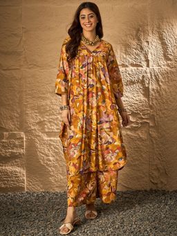 InWeave - Women Mustard Muslin Floral Kurta with Palazzo