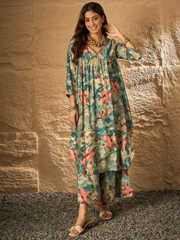 InWeave - Women Green Muslin Floral Kurta with Palazzo
