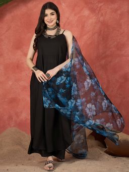 InWeave - Women Black Rayon Solid Kurta with Pant and Dupatta