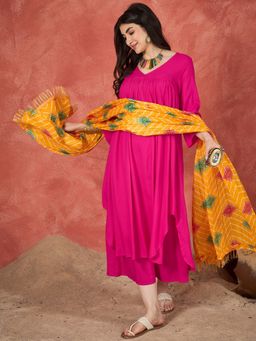 InWeave - Women Pink Rayon Solid Kurta with Palazzo and Dupatta