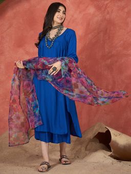 InWeave - Women Blue Rayon Solid Kurta with Palazzo and Dupatta