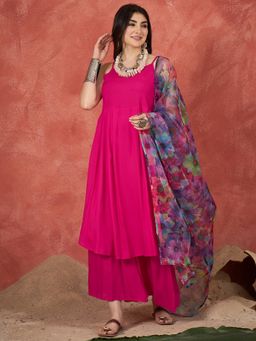 InWeave - Women Pink Rayon Solid Kurta with Palazzo and Dupatta