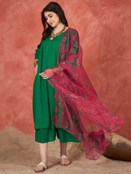 InWeave - Women Green Rayon Solid Kurta with Palazzo and Dupatta