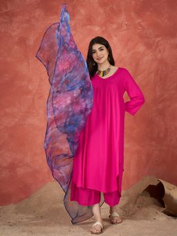InWeave - Women Pink Rayon Solid Kurta with Palazzo and Dupatta