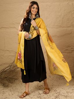 InWeave - Women Black Rayon Solid Kurta with Palazzo and Dupatta