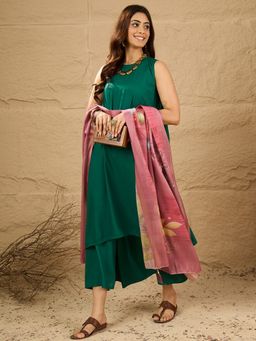 InWeave - Women Green Rayon Solid Kurta with Palazzo and Dupatta