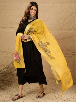 InWeave - Women Black Rayon Solid Kurta with Palazzo and Dupatta