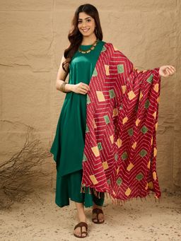 InWeave - Women Green Rayon Solid Kurta with Palazzo and Dupatta