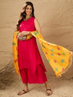 InWeave - Women Pink Rayon Solid Kurta with Palazzo and Dupatta