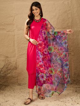 InWeave - Women Pink Rayon Solid Kurta with Palazzo and Dupatta