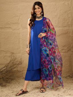 InWeave - Women Blue Rayon Solid Kurta with Palazzo and Dupatta