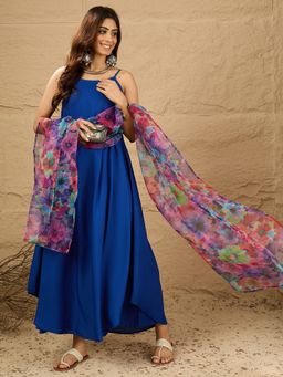 InWeave - Women Blue Rayon Solid Kurta with Palazzo and Dupatta