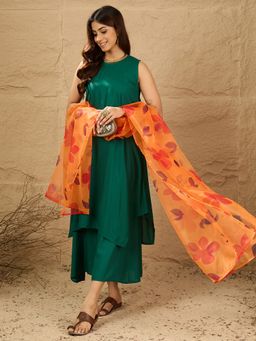 InWeave - Women Green Rayon Solid Kurta with Palazzo and Dupatta