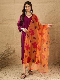 InWeave - Women Wine Rayon Solid Kurta with Palazzo and Dupatta