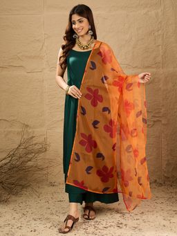 InWeave - Women Green Rayon Solid Kurta with Palazzo and Dupatta