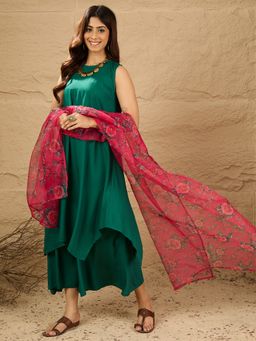 InWeave - Women Green Rayon Solid Kurta with Palazzo and Dupatta