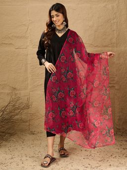 InWeave - Women Black Rayon Solid Kurta with Palazzo and Dupatta