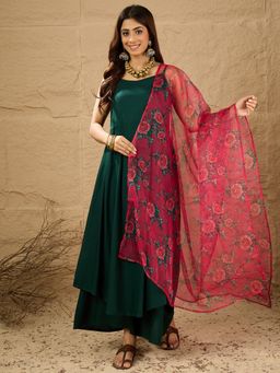 InWeave - Women Green Rayon Solid Kurta with Palazzo and Dupatta
