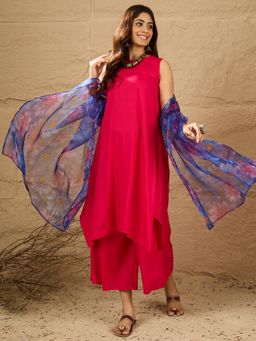 InWeave - Women Pink Rayon Solid Kurta with Palazzo and Dupatta