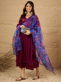 InWeave - Women Wine Rayon Solid Kurta with Palazzo and Dupatta
