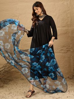 InWeave - Women Black Rayon Solid Kurta with Palazzo and Dupatta