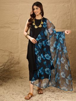 InWeave - Women Black Rayon Solid Kurta with Palazzo and Dupatta
