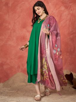 InWeave - Women Green Rayon Solid Kurta with Palazzo and Dupatta