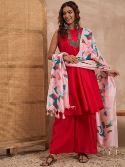 InWeave - Women Red Art Silk Solid Kurta with Palazzo and Dupatta