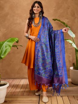 InWeave - Women Orange Art Silk Solid Kurta with Palazzo and Dupatta