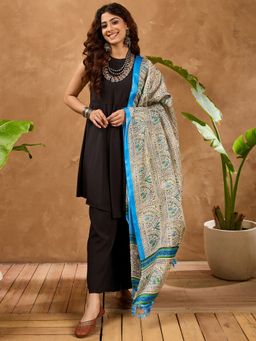 InWeave - Women Black Art Silk Solid Kurta with Palazzo and Dupatta