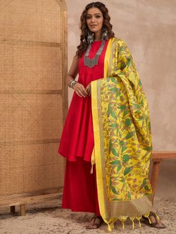 InWeave - Women Red Art Silk Solid Kurta with Palazzo and Dupatta
