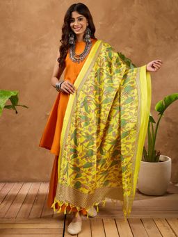 InWeave - Women Orange Art Silk Solid Kurta with Palazzo and Dupatta