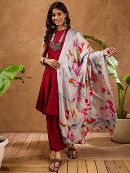 InWeave - Women Maroon Art Silk Solid Kurta with Palazzo and Dupatta