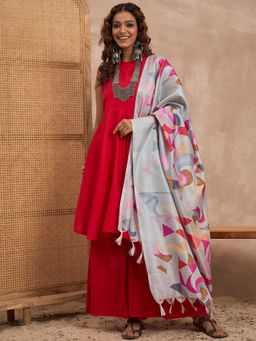 InWeave - Women Red Art Silk Solid Kurta with Palazzo and Dupatta