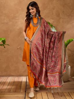 InWeave - Women Orange Art Silk Solid Kurta with Palazzo and Dupatta